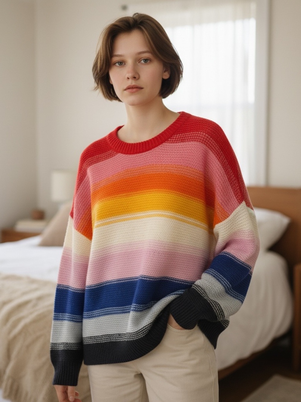 Old Navy Striped Multicolor Crewneck Sweater - Red/Pink/Blue